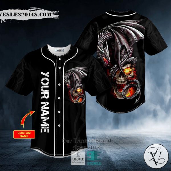 Black Gothic Dragon Fire Skull Custom Baseball Jersey